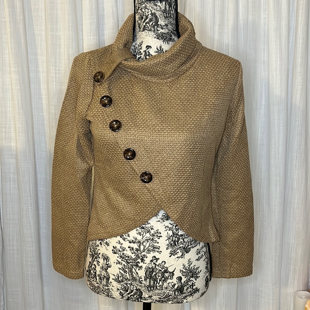 Brown Turtle Cowl Neck Asymmetrical Hem Wrap Pullover Chunky Button Knit Sweater